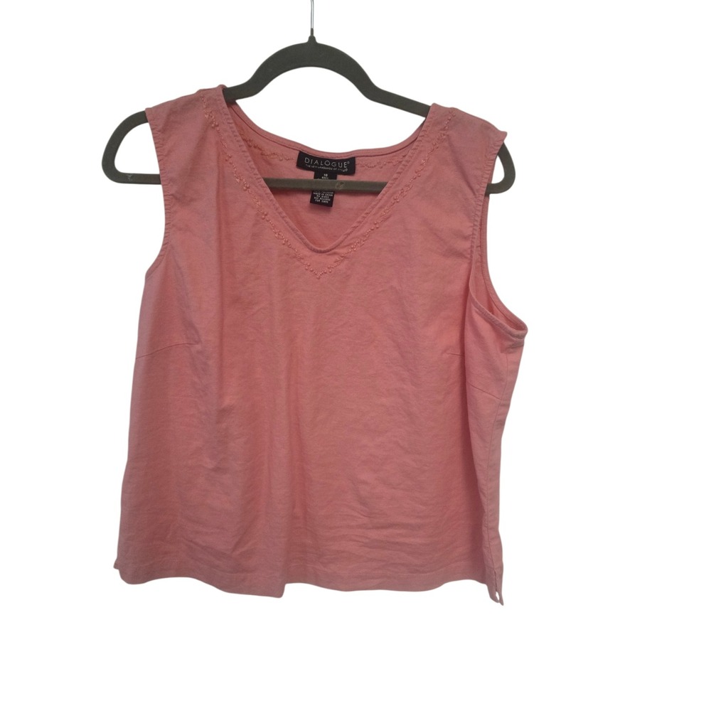 Dialogue Pink Linen Blend V-Neck Embroidered Sleeveless Tank Top Womens 16
